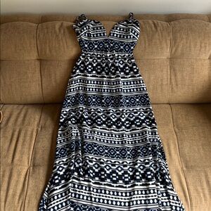 Black Blue and White Geometric Boho Maxi Dress